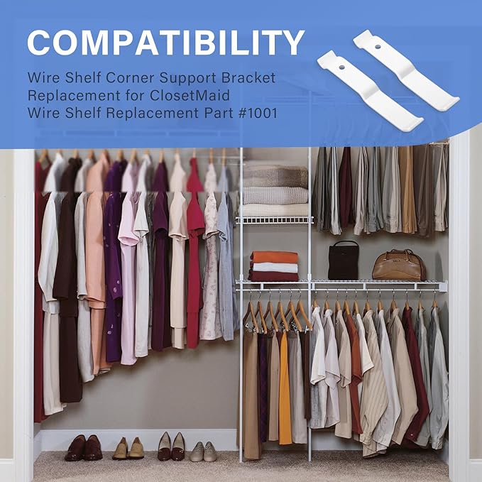 White Wire Shelf Corner Support Bracket Replacement for ClosetMaid Shelf - Adjustable Ventilated Wire Closet Shelving Accessories Support Brackets for Wire Shelving Corner Support, 2 Pack