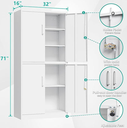 Metal Storage Cabinet with 3 Adjustable Shelves,White Storage Cabinet with Lock,71" Lockable Metal Cabinets with Locking Doors,Tall Steel Pantry Cabinets 4 Door for Home,Office,Garage,Bathroom,Kitchen