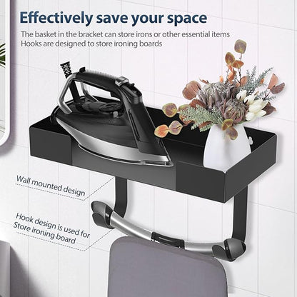 Ironing Board Holder, Wall Mount Ironing Board Hanger, Stainless Steel Iron Board Holder, Multipurpose Ironing Board Rack with Shelf and Removable Hooks, Storage Organization for Laundry Room Bathroom