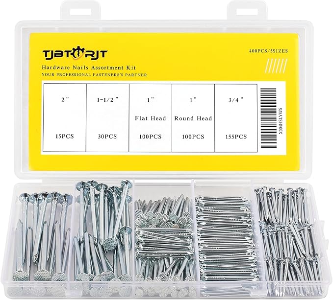 TJBORJT 400pcs Hardware Nails for Hanging Pictures,Up to 2 inch long, Finishing Nails Assortment Kit for Wall Art Decor, Small Nails for home use,5 sizes Picture Hanging Nails, Wall Nails,Wood Nails