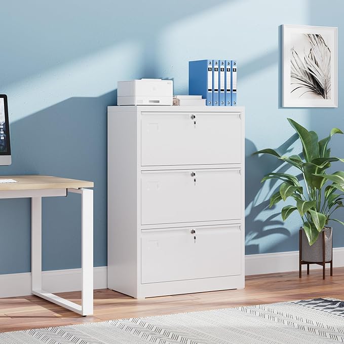 Metal Lateral File Cabinet with 3 Drawers,Wide Metal Filing Cabinet with Lock,Metal File Cabinet for Letter/Legal/A4, Assembly Required,White