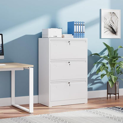 Metal Lateral File Cabinet with 3 Drawers,Wide Metal Filing Cabinet with Lock,Metal File Cabinet for Letter/Legal/A4, Assembly Required,White