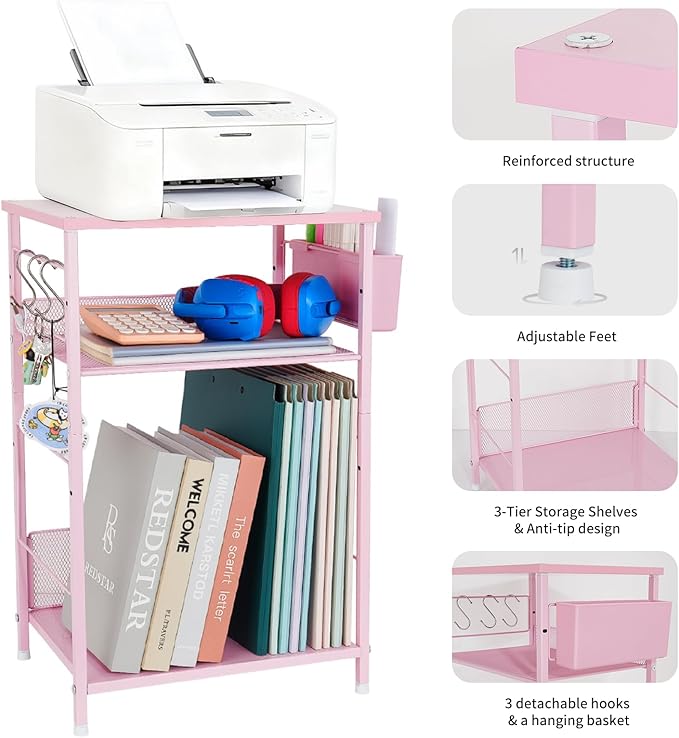 Small Under Desk Storage, Pink Printer Stand with Storage Shelf, 3-Tier Height Adjustable Printer Table with Basket & 3 Hooks for Home Office Fax Machine Scanner Files