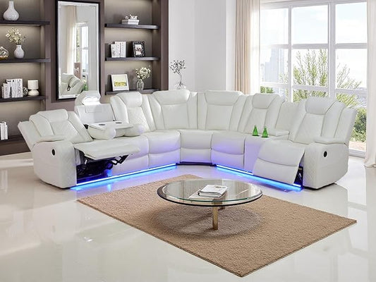 Breathing Leather Power Recliner Sectional Sofa Couch with LED Light, Living Room Furniture Sets,Creamy White Power Reclining Sectional Sofa Set with Storage Console/Cup Holder for Living Room