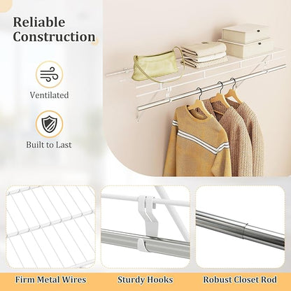 Giantex Closet Shelf with Hanging Rod, 4 ft Wall Mounted Wire Shelving Kit with Storage Shelf & Clothes Rod, Ventilated Metal Wall Shelf Organizer for Laundry Room, Closet, Bedroom, White
