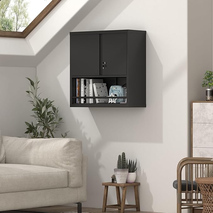 Garage Storage Cabinets,Metal Wall Cabinet with Doors and Shelves,Locking Storage Cabinet for Workshop,Warehouse,Home Office,Black