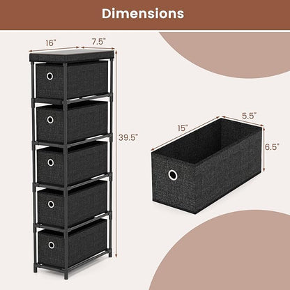 Giantex Dresser with 5 Drawers, Slim Fabric Storage Tower with Metal Frame, Wood Top & Easy Pull Handles, Space-Saving Chest of Drawers for Living Room, Office, Closet, Hallway & Entryway, Black