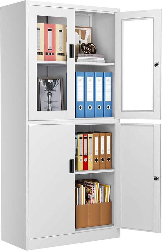Metal Storage Cabinet with Glass Doors, Lockable Office Cabinet, Tall Steel Locker with Adjustable Shelves for Home Office,School, Kitchen and Hospital (White)
