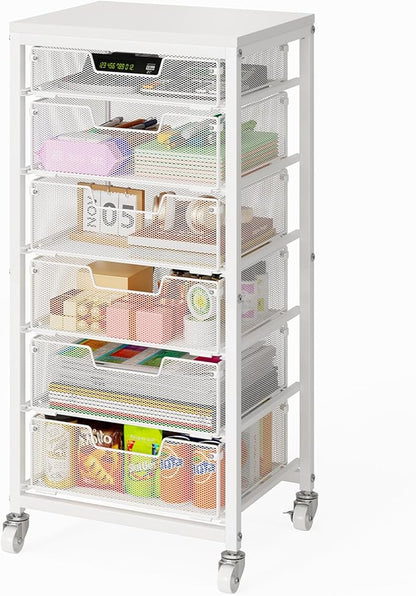 6 Drawers Utility Cart, Rolling Storage Cart with Wooden Tabletop, Storage Drawer Cart on Lockable Wheels, Craft Cart for Bedroom, Classroom, Office, White
