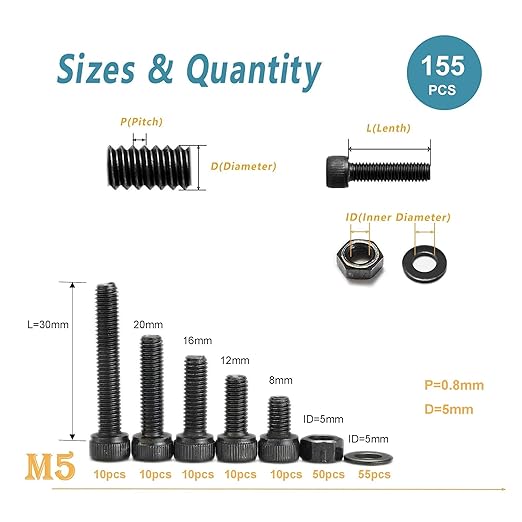 Kadrick Metric Screws Assortment,155 Pcs M5 Screw Kit,Hex Socket Head Cap Bolts, M5*8mm/12mm/16mm/20mm/30mm Screws Nuts and Washers, 12.9 Grade Alloy Steel,Black Zinc Plated,Anti Rust Upgrade
