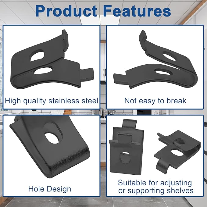 12 Pack Pilaster Shelf Support Clip, Adjustable Metal Shelving Brackets Clips for Kitchen Cabinet Bookcase (Black)