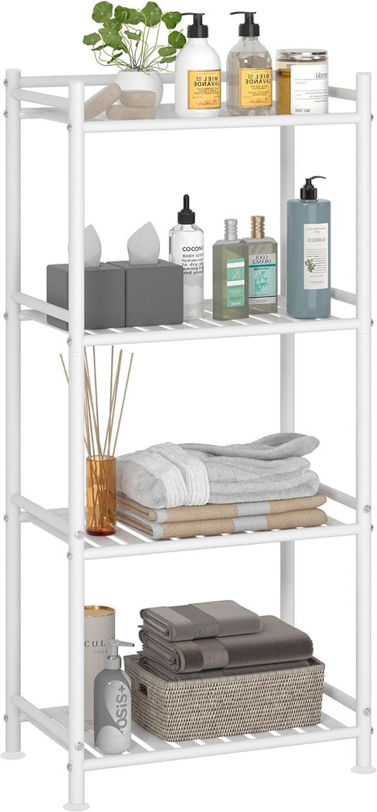 4 Tier Bathroom Storage Open Shelf Unit, Free-Standing Metal Corner Rack Shelving for Kitchen, Living Room, Hallway (White, Wider 4 Tier)