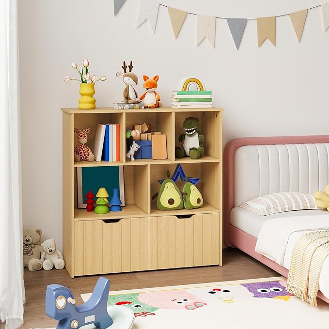 HOOBRO Toy Storage Organizer, Toy Organizers and Storage with 2 Movable Drawers and 5 Cubbies, Kids Bookshelf and Toy Storage for Books or Dolls, Toy Shelf for Playroom, Natural NL88CW01