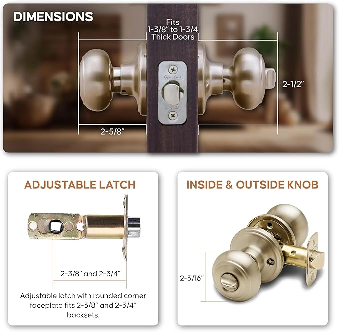 Copper Creek Colonial Privacy Interior Door Knob – ANSI Grade-3 Certified, Modern Heavy Duty Handle, Easy Install and Reversible for Bedroom, Bathroom and Closets – Polished Brass (1 Pack)
