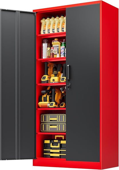 Metal Storage Cabinet with Lock,71 Inch Garage Cabinet with 2 Doors and 5 Adjustable Shelves,Steel Storage Cabinets for Garage,Home Office,Pantry,School(Red & Black)