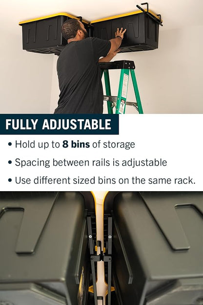 StoreYourBoard Overhead Tote Loft Bin Rail System - Garage Ceiling Bin Rack for Garage Storage - Adjustable Tote Slide Rails - Organization and Storage for 4 Bins - Black