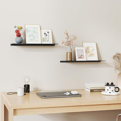 MKO 16" Floating Shelves for Wall, Long Metal Wall Mounted Shelf for Bathroom, Bedroom, Living Room, Kitchen, Display Hanging Shelves for Books/Storage/Room Decor 2 Packs, Black