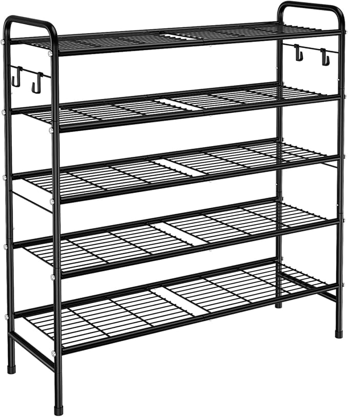 5 Tier Shoe Rack 33" Wide Metal Shoe Organizer Long Shoe Storage with 4 Side Hooks Sturdy Shoes Shelf for Closet, Front Door Entrance, Garage, Dorm, Black