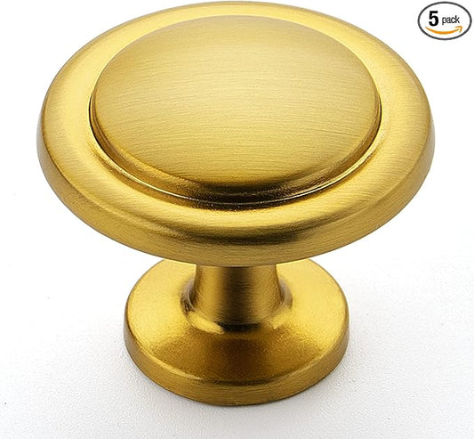 Ravinte 5 Pack 1-1/4 Inch Kitchen Cabinet Knobs - Brushed Brass Zinc Drawer Pulls and Door Handles for Dresser