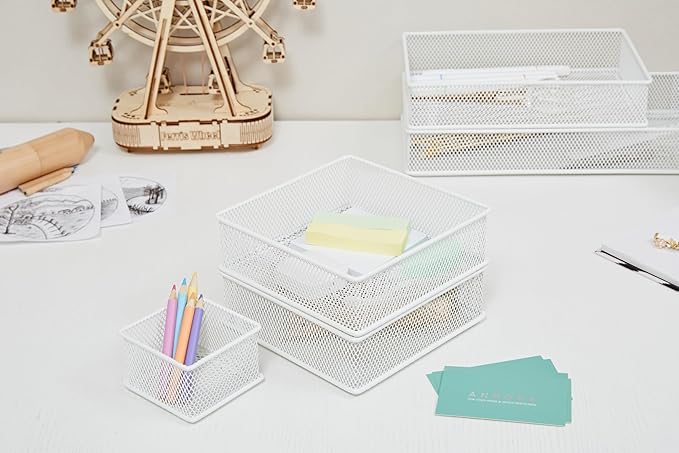 Annova Mesh Stackable Drawer Cabinet and Shelf Organizer Bins Storage Basket School Office Supply Holder Tray- Set of 2 (White, 6x12x2 Inch)