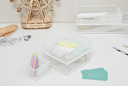 Annova Mesh Stackable Drawer Cabinet and Shelf Organizer Bins Storage Basket School Office Supply Holder Tray- Set of 2 (White, 6x6x2 Inch)