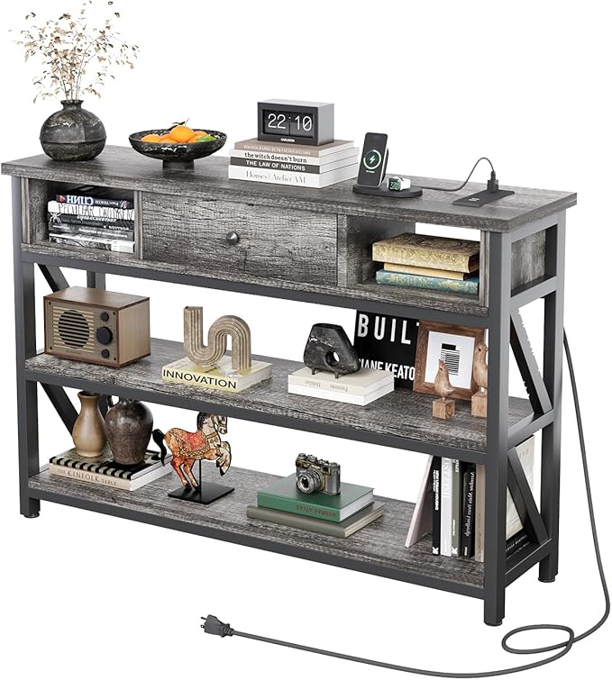 Mexin 39 Inch Console Table with 2 Outlet and 2 USB Ports, Entryway Table with Drawer and Storage Shelves, Narrow Sofa Table for Living Room and Hallway, Grey Oak