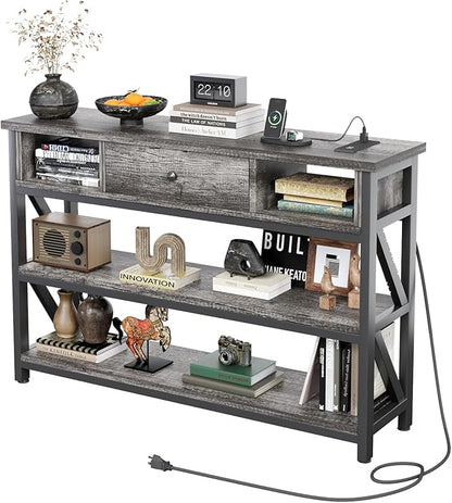 Mexin 39 Inch Console Table with 2 Outlet and 2 USB Ports, Entryway Table with Drawer and Storage Shelves, Narrow Sofa Table for Living Room and Hallway, Grey Oak