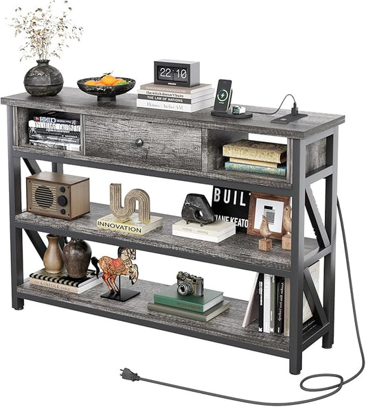 Mexin 39 Inch Console Table with 2 Outlet and 2 USB Ports, Entryway Table with Drawer and Storage Shelves, Narrow Sofa Table for Living Room and Hallway, Grey Oak