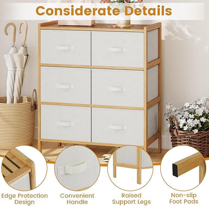 Giantex 6-Drawer Dresser for Bedroom, Bamboo Storage Tower with 6 Foldable Fabric Drawers & Top Shelf, Modern Chest of Drawers, Vertical Organizer Unit for Closet, Living Room (14" D x 26" W x 31" H)