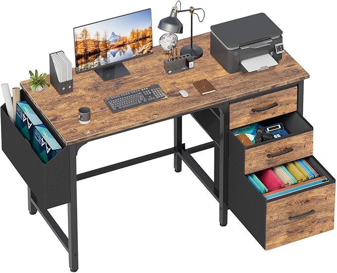 Lufeiya Computer Desk with Fabric File Drawers Cabinet, 47 Inch Reversible Home Office Desks with Filing Cabinet for Small Space, Study Writing Table PC Desks, Rustic Brown