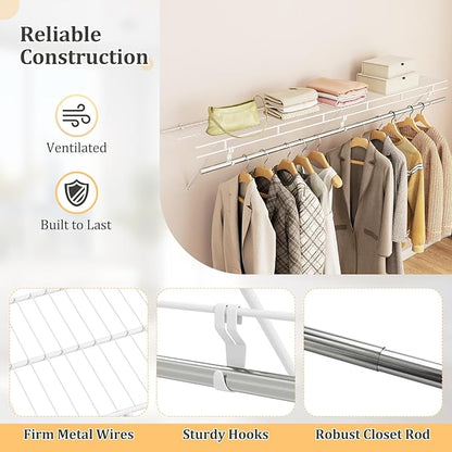 Giantex Closet Shelf with Hanging Rod, 6 ft Wall Mounted Wire Shelving Kit with Storage Shelf & Clothes Rod, Ventilated Metal Wall Shelf Organizer for Laundry Room, Closet, Bedroom, White