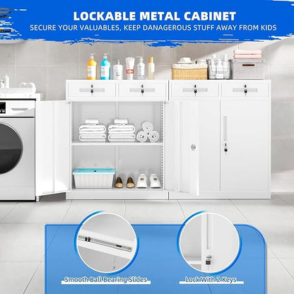 INTERGREAT Metal Garage Storage Cabinet, 36" Locking Counter Cabinet with 2 Locking Doors and 2 Adjustable Shelves, Small Steel Cabinet for for Home Office, Gym, School(White)