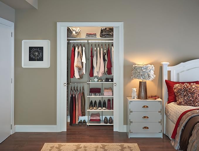 ClosetMaid® Maximizer™ Closet Accessory, Add Adjustable Storage Space, 4 Shelves, Double Hang Rod, Tool Free, Add On Unit, White