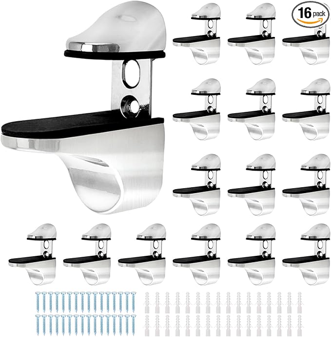 QWORK Adjustable Glass Shelf Bracket 16 Pack – Metal Wall Mount Clamp with Rubber Pads for Bathroom, Kitchen & Living Room