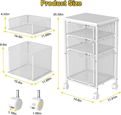 Rolling File Cart with 3 Storage Drawers, Wood & Mesh Hanging File Folder Organizer with Wheels Under Desk, File Cabinets for Home Office, 11.81" D x 14.8" W x 25.39" H, White
