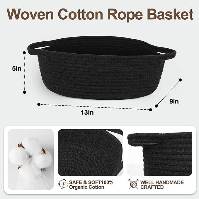 Small Baskets for Gifts Empty, 13"x 9"x 5" Woven Gift Basket with Bag and Ribbon, Cotton Rope Kids Dog Cat Toy Bin Box, Cute Baby Nursery Organizer, Decorative Storage with Handles (Black)