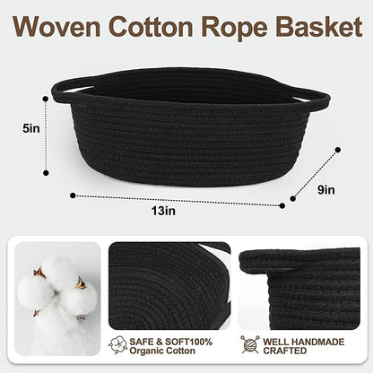 Small Baskets for Gifts Empty, 13"x 9"x 5" Woven Gift Basket with Bag and Ribbon, Cotton Rope Kids Dog Cat Toy Bin Box, Cute Baby Nursery Organizer, Decorative Storage with Handles (Black)