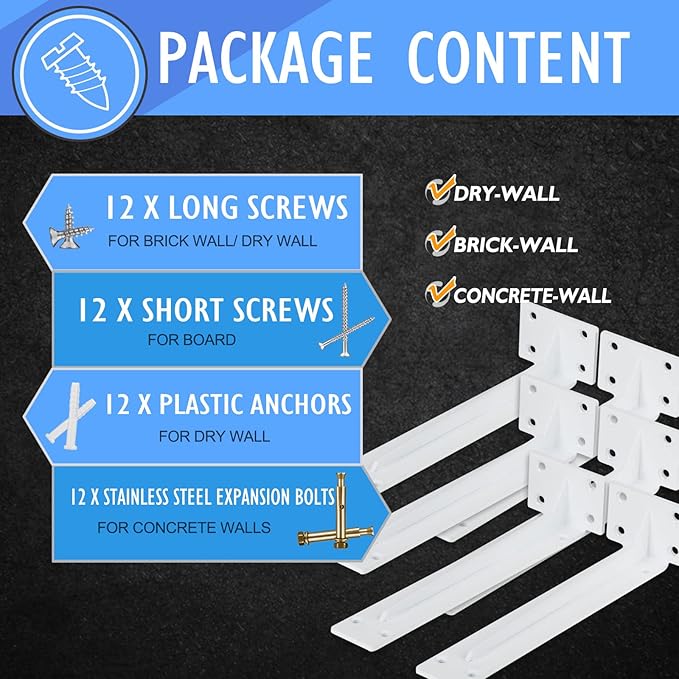 CLT Shelf Bracket( White) , 8” Quarter Inch (1/5") Thick- Max Load: 220 lb Rustic Industrial Modern Farmhouse Heavy Duty Corner Brace Joint Right Angle Bracket for DIY Table Bench, Pack of 6