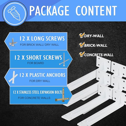 CLT Shelf Bracket( White) , 10” Quarter Inch (1/5") Thick- Max Load: 330 lb Rustic Industrial Modern Farmhouse Heavy Duty Corner Brace Joint Right Angle Bracket for DIY Table Bench, Pack of 6