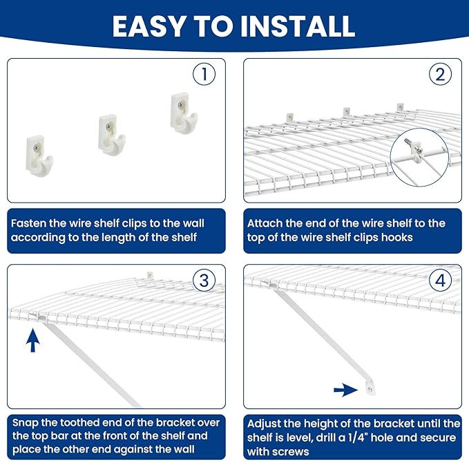 12 Inch Wire Shelf Support Brackets Kit, Includes 2 Wire Rack Support Brackets and 5 Down Wall Clips, 7 Screws and 7 Expansion Tubes for Shelves, Closet, Wardrobe, Ledge Installation