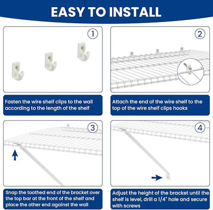 12 Inch Wire Shelf Support Brackets Kit, Includes 2 Wire Rack Support Brackets and 5 Down Wall Clips, 7 Screws and 7 Expansion Tubes for Shelves, Closet, Wardrobe, Ledge Installation