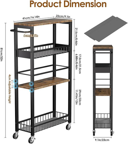 Slim Storage Rolling Cart, 4 Tier Narrow Cart with Wheels, Metal Kitchen Rolling Cart for Small Spaces, Slide Out Storage Shelves for Kitchen, Laundry Room, Bathroom, Living Room, 9.1in(W)