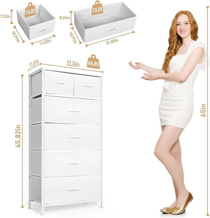 Mifuro Tall Dresser for Bedroom, Vertical Storage Organizer Tower with 6 Drawers, Chest of Drawers with Fabric Bins, Steel Frame, Wood Top for Bedroom, Closet, Entryway- White