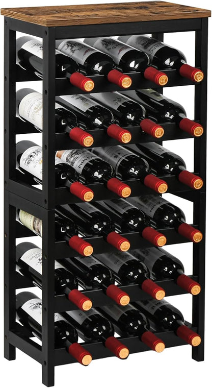 VASMIA Wine Rack Freestanding Floor, 6 Tier Bamboo Wine Storage Shelves with Table Top, 24-Botttle Wine Rack Shelf for Kitchen Bar Dining Room Living Room, Rustic Brown and Black