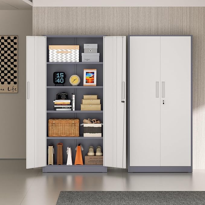 72” Metal Storage Cabinet, Lockable File Cabinets with 2 Doors and 4 Adjustable Shelves, Steel Tool Cabinets with Lock for Office, Home, Gym, Grey White-Small