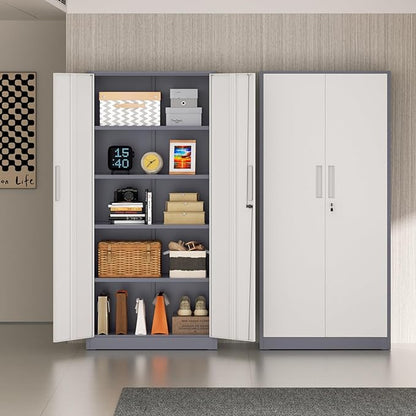 72” Metal Storage Cabinet, Lockable File Cabinets with 2 Doors and 4 Adjustable Shelves, Steel Tool Cabinets with Lock for Office, Home, Gym, Grey White-Small