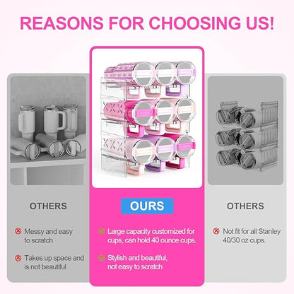 JYPS Water Bottle Tumbler Organizer, Stackable Stanley 40oz with Handle Cup Organizer, Large Water Bottle Holder Stanley Cup Accessories for Cabinet Pantry Kitchen Organizers and Storage(9-Bottle)