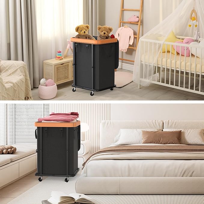 150L (40 Gal) Large Fashion Laundry Basket with Wheels, Leather Patchwork Rolling Hamper Carts, Sturdy Metal Frame, Removable Washable Bag, Tall Clothes Sorter for Bedroom, Laundry Room, Dorm - Black