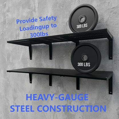 2-Pack Folding Shelving Wall Mounted 16x48 Inch, Heavy Duty Metal Wall Shelves,300lbs Capacity Storage Rack for Garage Organization System, Black