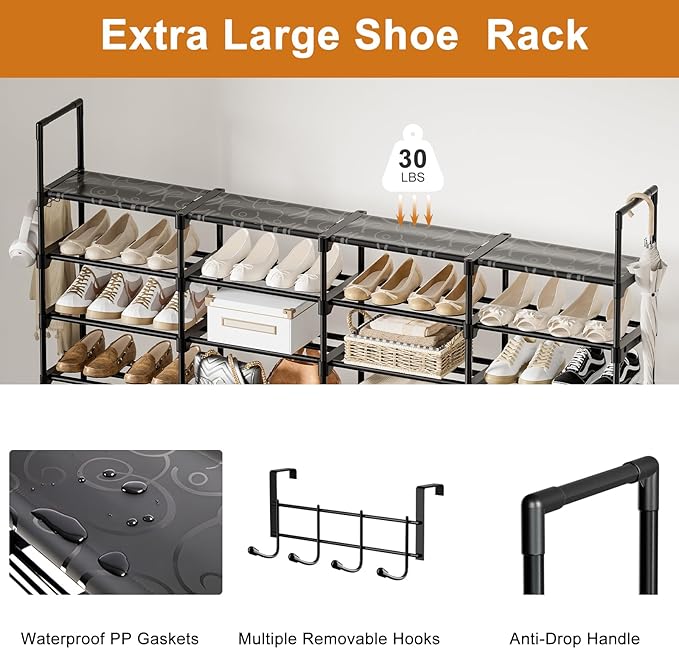 WOWLIVE Extra Large Shoe Rack, 4 Rows 8 Tier 56-64 Pairs Big Tall Metal Shoe Organizer, Stackable, Large Capacity Boot Rack Storage Organizer for Entryway, Closet, Garage, Black